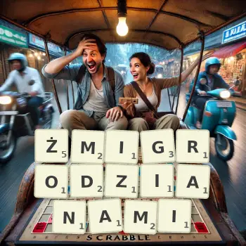 Kreatywna ilustracja do gry w Scrabble ze słowem ŻMIGRODZIANAMI ułożonym z płytek na planszy.