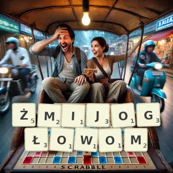 Kreatywna ilustracja do gry w Scrabble ze słowem ŻMIJOGŁOWOM ułożonym z płytek na planszy.