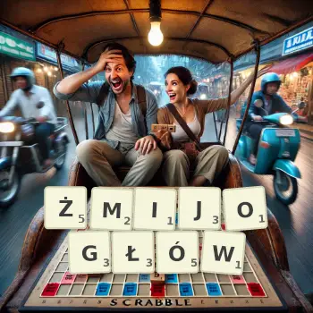 Kreatywna ilustracja do gry w Scrabble ze słowem ŻMIJOGŁÓW ułożonym z płytek na planszy.