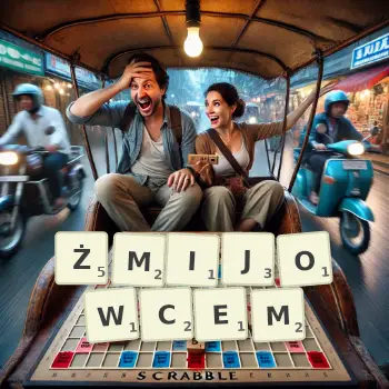 Kreatywna ilustracja do gry w Scrabble ze słowem ŻMIJOWCEM ułożonym z płytek na planszy.