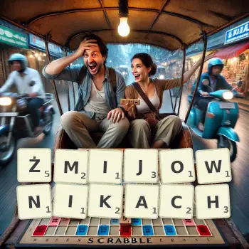 Kreatywna ilustracja do gry w Scrabble ze słowem ŻMIJOWNIKACH ułożonym z płytek na planszy.