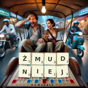 Kreatywna ilustracja do gry w Scrabble ze słowem ŻMUDNIEJ ułożonym z płytek na planszy.