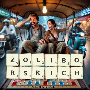 Kreatywna ilustracja do gry w Scrabble ze słowem ŻOLIBORSKICH ułożonym z płytek na planszy.