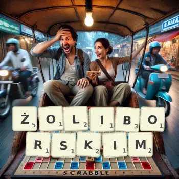 Kreatywna ilustracja do gry w Scrabble ze słowem ŻOLIBORSKIM ułożonym z płytek na planszy.