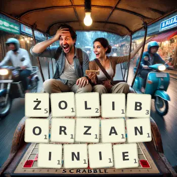 Kreatywna ilustracja do gry w Scrabble ze słowem ŻOLIBORZANINIE ułożonym z płytek na planszy.