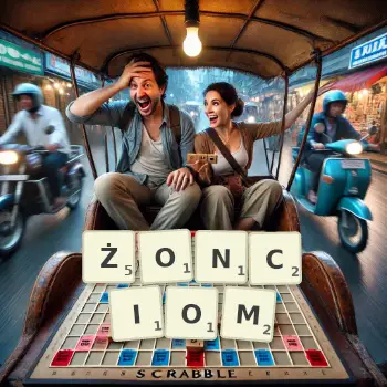 Kreatywna ilustracja do gry w Scrabble ze słowem ŻONCIOM ułożonym z płytek na planszy.