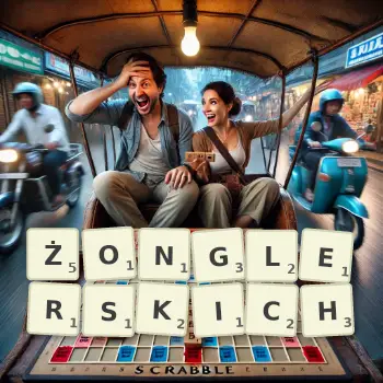 Kreatywna ilustracja do gry w Scrabble ze słowem ŻONGLERSKICH ułożonym z płytek na planszy.