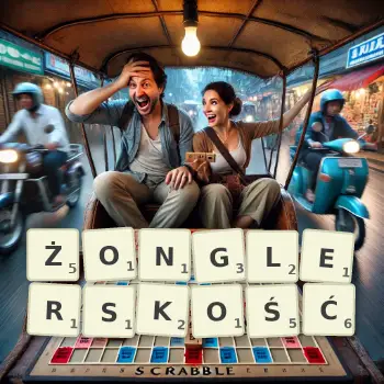 Kreatywna ilustracja do gry w Scrabble ze słowem ŻONGLERSKOŚĆ ułożonym z płytek na planszy.