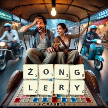 Kreatywna ilustracja do gry w Scrabble ze słowem ŻONGLERY ułożonym z płytek na planszy.