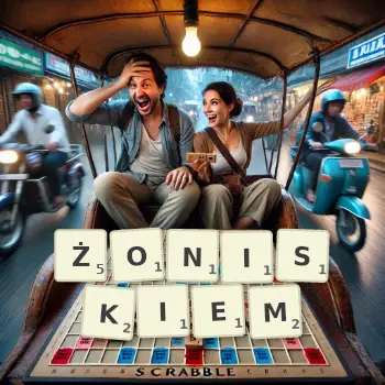 Kreatywna ilustracja do gry w Scrabble ze słowem ŻONISKIEM ułożonym z płytek na planszy.