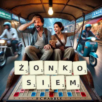 Kreatywna ilustracja do gry w Scrabble ze słowem ŻONKOSIEM ułożonym z płytek na planszy.