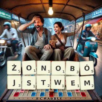 Kreatywna ilustracja do gry w Scrabble ze słowem ŻONOBÓJSTWEM ułożonym z płytek na planszy.