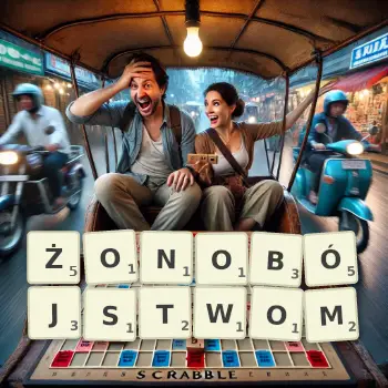 Kreatywna ilustracja do gry w Scrabble ze słowem ŻONOBÓJSTWOM ułożonym z płytek na planszy.