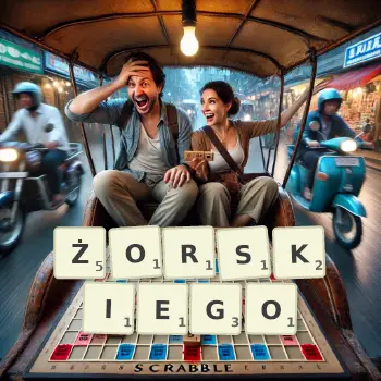 Kreatywna ilustracja do gry w Scrabble ze słowem ŻORSKIEGO ułożonym z płytek na planszy.