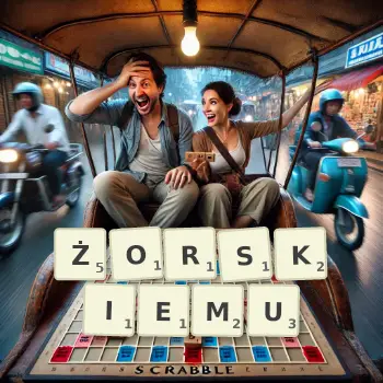 Kreatywna ilustracja do gry w Scrabble ze słowem ŻORSKIEMU ułożonym z płytek na planszy.