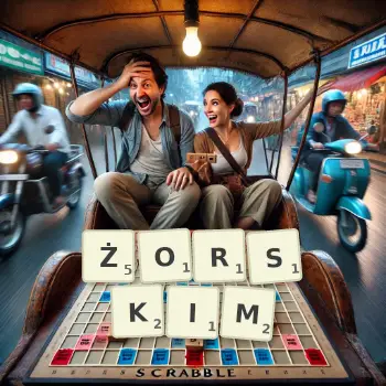 Kreatywna ilustracja do gry w Scrabble ze słowem ŻORSKIM ułożonym z płytek na planszy.