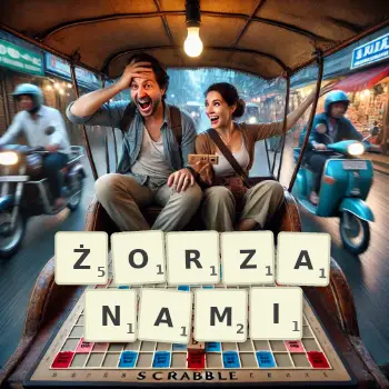 Kreatywna ilustracja do gry w Scrabble ze słowem ŻORZANAMI ułożonym z płytek na planszy.