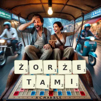 Kreatywna ilustracja do gry w Scrabble ze słowem ŻORŻETAMI ułożonym z płytek na planszy.