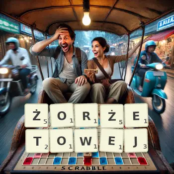 Kreatywna ilustracja do gry w Scrabble ze słowem ŻORŻETOWEJ ułożonym z płytek na planszy.