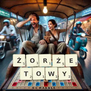 Kreatywna ilustracja do gry w Scrabble ze słowem ŻORŻETOWY ułożonym z płytek na planszy.