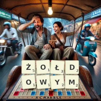 Kreatywna ilustracja do gry w Scrabble ze słowem ŻOŁDOWYM ułożonym z płytek na planszy.