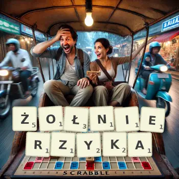 Kreatywna ilustracja do gry w Scrabble ze słowem ŻOŁNIERZYKA ułożonym z płytek na planszy.