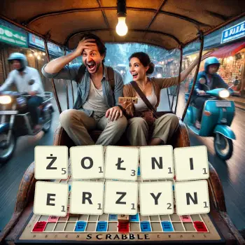 Kreatywna ilustracja do gry w Scrabble ze słowem ŻOŁNIERZYN ułożonym z płytek na planszy.