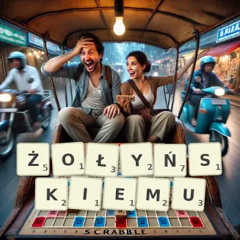 Kreatywna ilustracja do gry w Scrabble ze słowem ŻOŁYŃSKIEMU ułożonym z płytek na planszy.