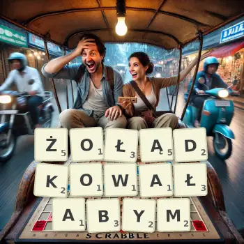 Kreatywna ilustracja do gry w Scrabble ze słowem ŻOŁĄDKOWAŁABYM ułożonym z płytek na planszy.