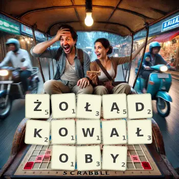 Kreatywna ilustracja do gry w Scrabble ze słowem ŻOŁĄDKOWAŁOBY ułożonym z płytek na planszy.