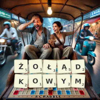 Kreatywna ilustracja do gry w Scrabble ze słowem ŻOŁĄDKOWYM ułożonym z płytek na planszy.