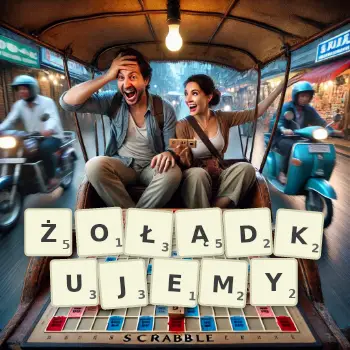 Kreatywna ilustracja do gry w Scrabble ze słowem ŻOŁĄDKUJEMY ułożonym z płytek na planszy.