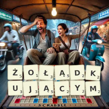 Kreatywna ilustracja do gry w Scrabble ze słowem ŻOŁĄDKUJĄCYM ułożonym z płytek na planszy.