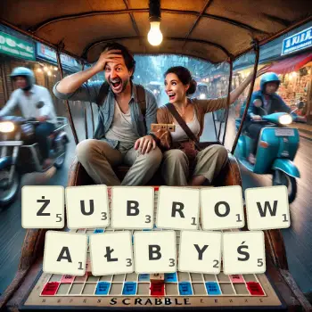Kreatywna ilustracja do gry w Scrabble ze słowem ŻUBROWAŁBYŚ ułożonym z płytek na planszy.