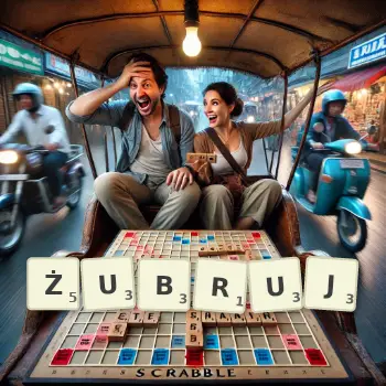 Kreatywna ilustracja do gry w Scrabble ze słowem ŻUBRUJ ułożonym z płytek na planszy.