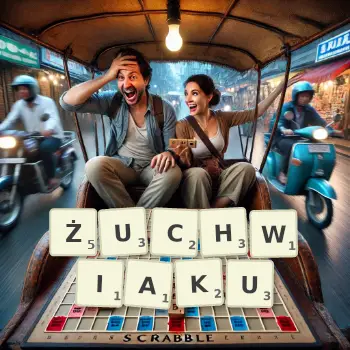 Kreatywna ilustracja do gry w Scrabble ze słowem ŻUCHWIAKU ułożonym z płytek na planszy.