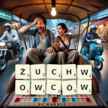 Kreatywna ilustracja do gry w Scrabble ze słowem ŻUCHWOWCÓW ułożonym z płytek na planszy.