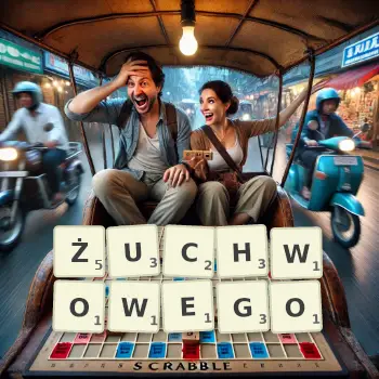 Kreatywna ilustracja do gry w Scrabble ze słowem ŻUCHWOWEGO ułożonym z płytek na planszy.