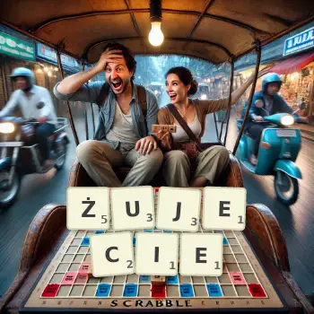 Kreatywna ilustracja do gry w Scrabble ze słowem ŻUJECIE ułożonym z płytek na planszy.