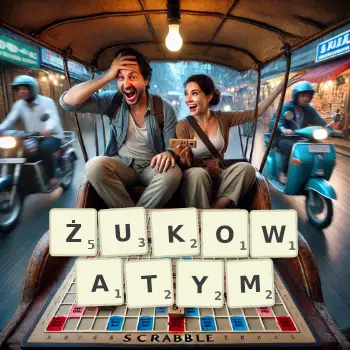 Kreatywna ilustracja do gry w Scrabble ze słowem ŻUKOWATYM ułożonym z płytek na planszy.