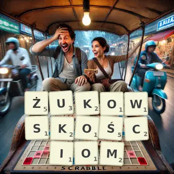 Kreatywna ilustracja do gry w Scrabble ze słowem ŻUKOWSKOŚCIOM ułożonym z płytek na planszy.
