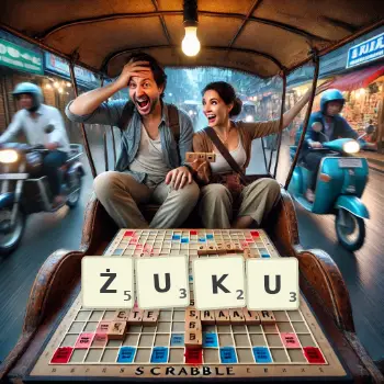 Kreatywna ilustracja do gry w Scrabble ze słowem ŻUKU ułożonym z płytek na planszy.