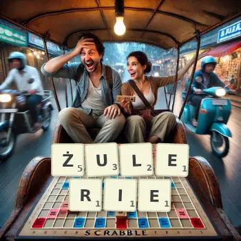 Kreatywna ilustracja do gry w Scrabble ze słowem ŻULERIE ułożonym z płytek na planszy.