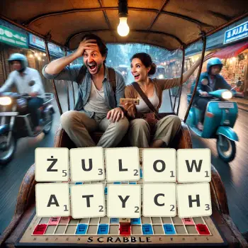 Kreatywna ilustracja do gry w Scrabble ze słowem ŻULOWATYCH ułożonym z płytek na planszy.