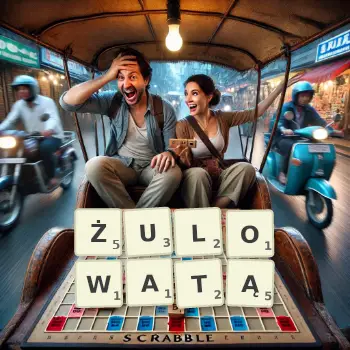 Kreatywna ilustracja do gry w Scrabble ze słowem ŻULOWATĄ ułożonym z płytek na planszy.