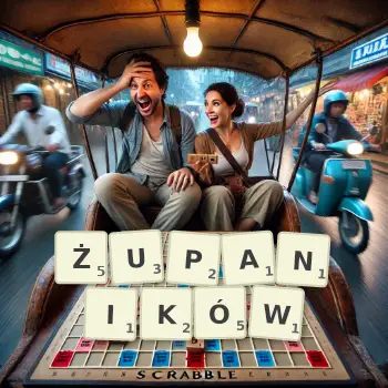 Kreatywna ilustracja do gry w Scrabble ze słowem ŻUPANIKÓW ułożonym z płytek na planszy.