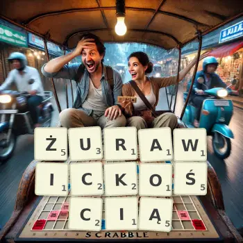 Kreatywna ilustracja do gry w Scrabble ze słowem ŻURAWICKOŚCIĄ ułożonym z płytek na planszy.