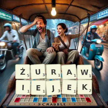 Kreatywna ilustracja do gry w Scrabble ze słowem ŻURAWIEJEK ułożonym z płytek na planszy.