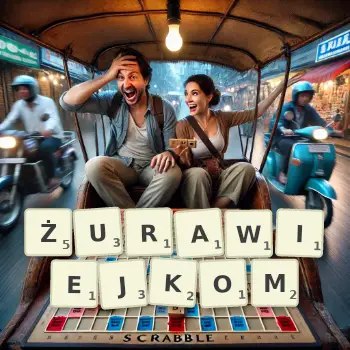 Kreatywna ilustracja do gry w Scrabble ze słowem ŻURAWIEJKOM ułożonym z płytek na planszy.
