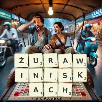 Kreatywna ilustracja do gry w Scrabble ze słowem ŻURAWINISKACH ułożonym z płytek na planszy.